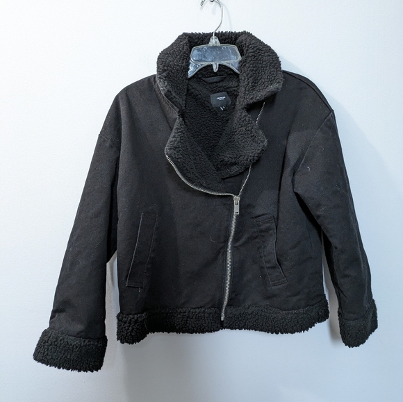 Bolongaro Trevor Borg Trim Denim Biker Jacket Black Sherpa Women's Small - Picture 1 of 12